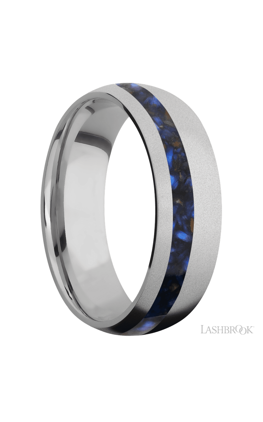 7 mm wide/Domed/Titanium band with one 2 mm Off Center inlay of Blue Tiger Eye.