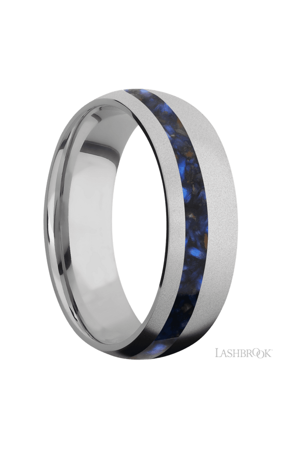 7 mm wide/Domed/Titanium band with one 2 mm Off Center inlay of Blue Tiger Eye.