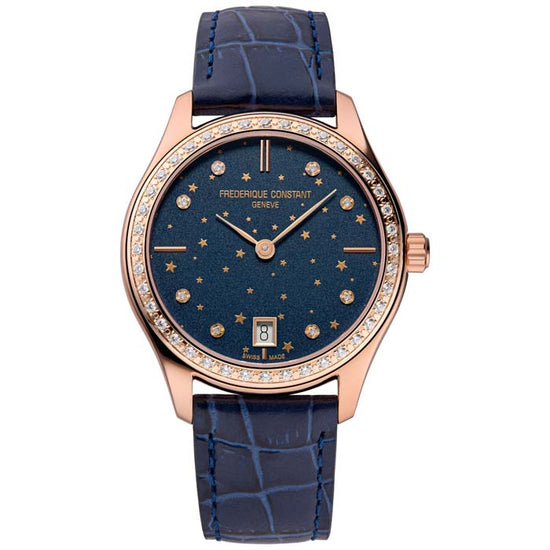 36mm Classics Moon and Stars Quartz Watch with Blue Diamond Dial and Diamond Bezel in Rose Gold Plate