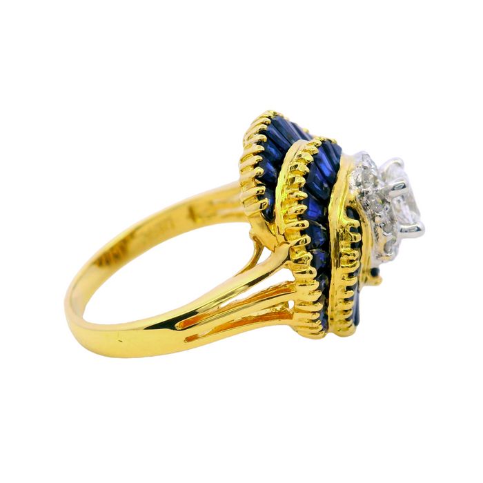 Estate Sapphire Swirl Ring with Diamond Center in 18K Yellow Gold