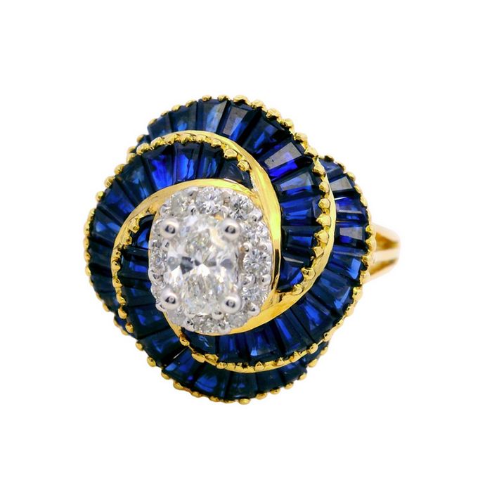 Estate Sapphire Swirl Ring with Diamond Center in 18K Yellow Gold