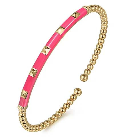 Gabriel & Co. Pink Enamel Pyramid and Bujukan Split Bangle in 14K Yellow Gold