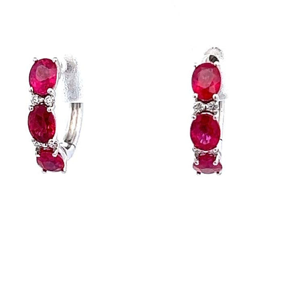 Mountz Collection Oval Ruby and Round Diamond Huggie Earrings in 14K White Gold