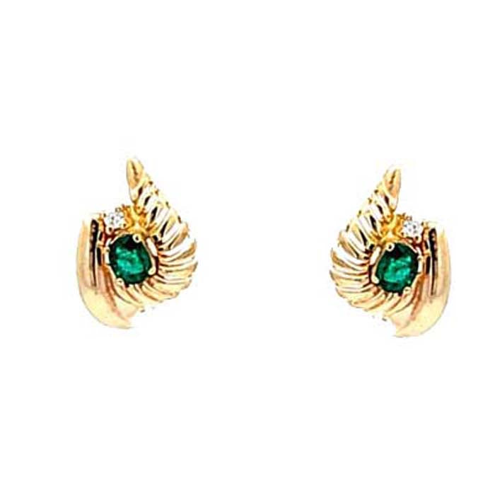 Estate Emerald and Diamond Swirl Earrings in 14K Yellow Gold