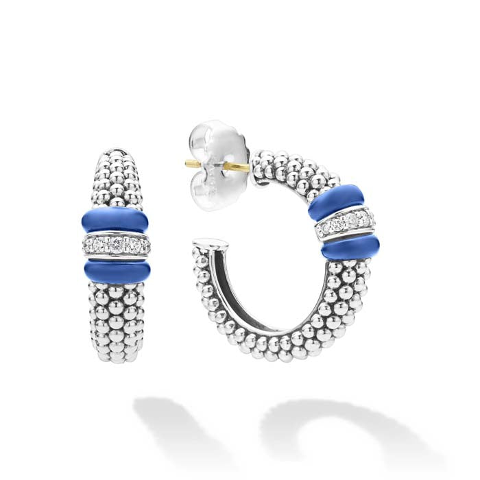 LAGOS Ultramarine Blue Ceramic Caviar Diamond Hoop Earrings in Sterling Silver