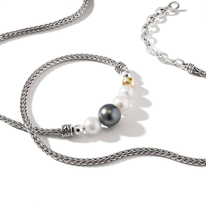 John Hardy Pearl Station Necklace in Sterling Silver and 18K Yellow Gold