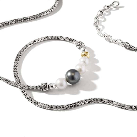 John Hardy Pearl Station Necklace in Sterling Silver and 18K Yellow Gold