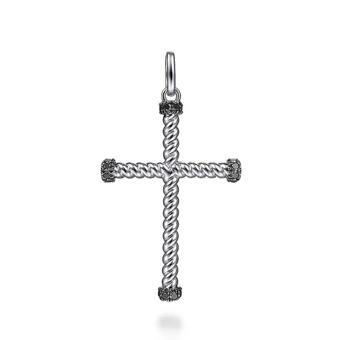 Gabriel & Co. Approximate .19CTW Black Spinel Twisted Rope Cross Pendant in Sterling Silver