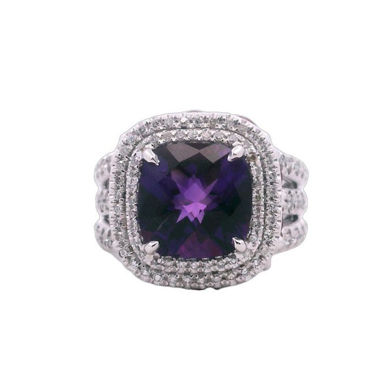 Charles Krypell Pastel Collection Amethyst Split-Band Ring with Rubies and Diamonds in 18K White Gold