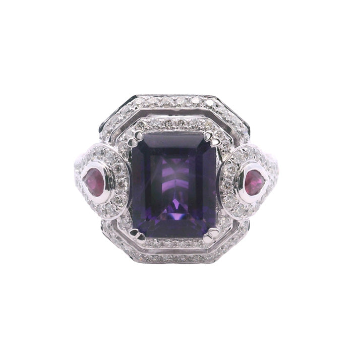 Charles Krypell Pastel Collection Amethyst Double Halo Ring with Rubies and Diamonds in 18K White Gold