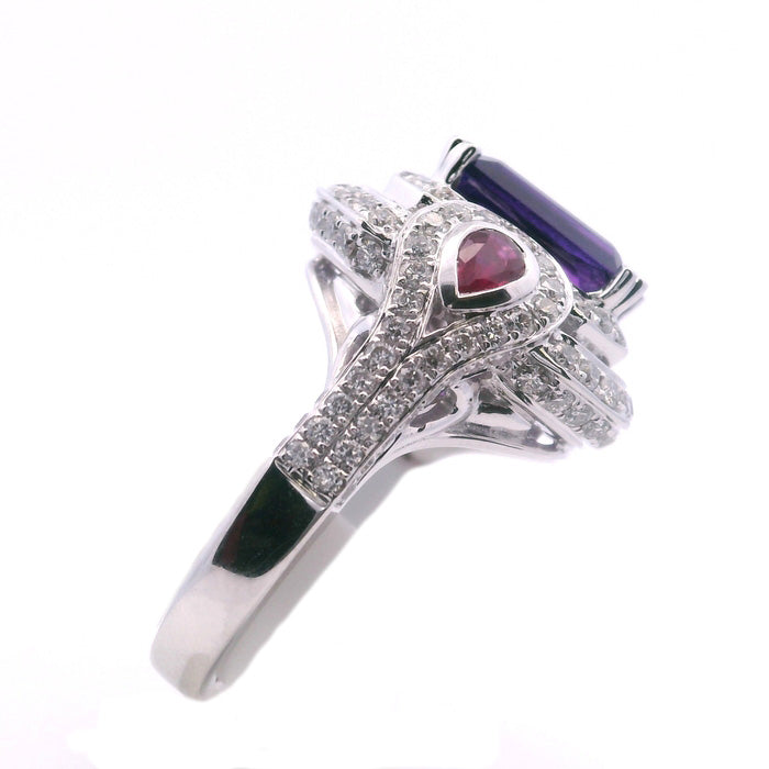 Charles Krypell Pastel Collection Amethyst Double Halo Ring with Rubies and Diamonds in 18K White Gold