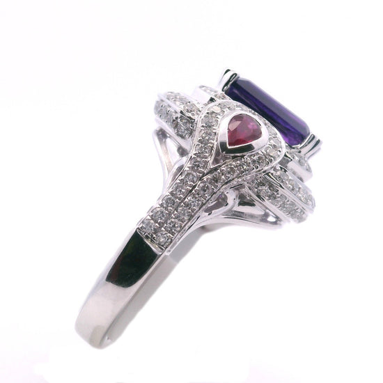 Charles Krypell Pastel Collection Amethyst Double Halo Ring with Rubies and Diamonds in 18K White Gold