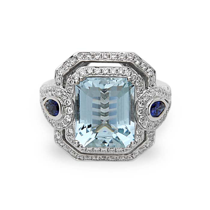 Charles Krypell "Pastel Collection" Aquamarine and Diamond Halo Ring with Sapphires in 18K White Gold