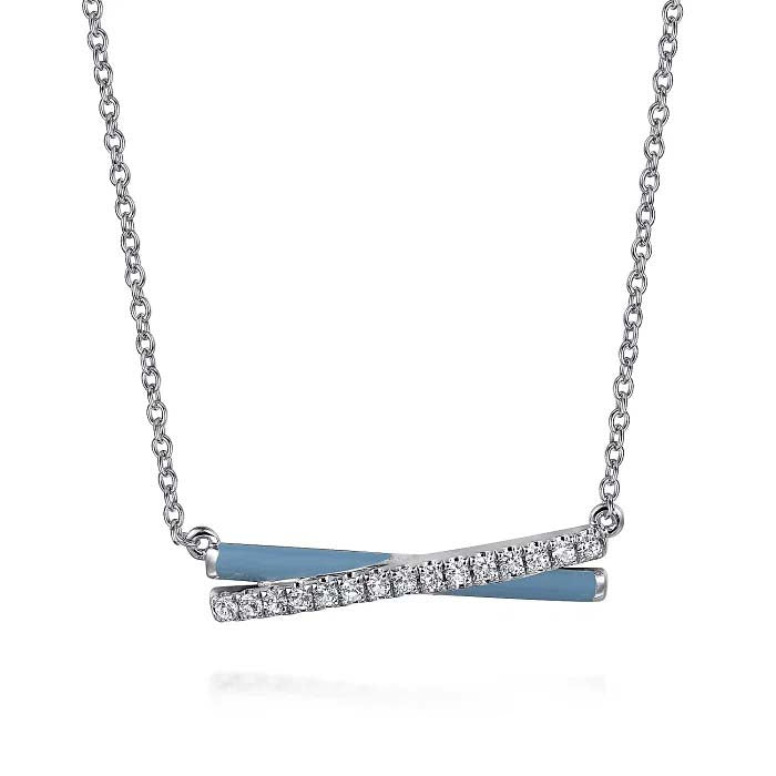 Gabriel White Sapphire and Baby Blue Enamel Crossover Necklace in Sterling Silver