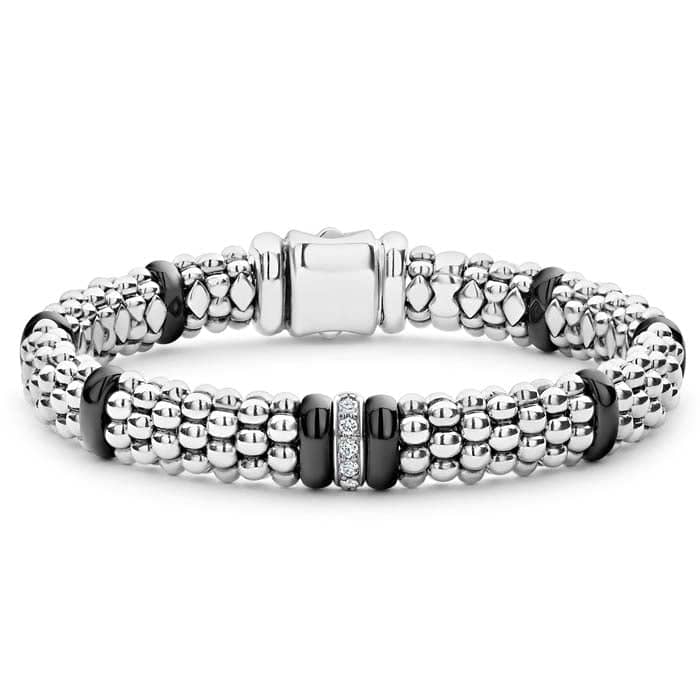 LAGOS Black Ceramic Caviar Single Station Diamond Bracelet in Sterling Silver