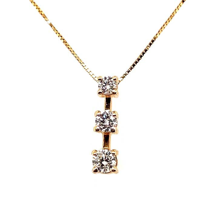 Estate Threee Stone Diamond Pendant Necklace in 14K Yellow Gold