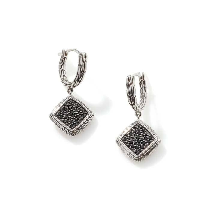 John Hardy Carved Chain Black Sapphire and Black Spinel Drop Earrings in Sterling Silver