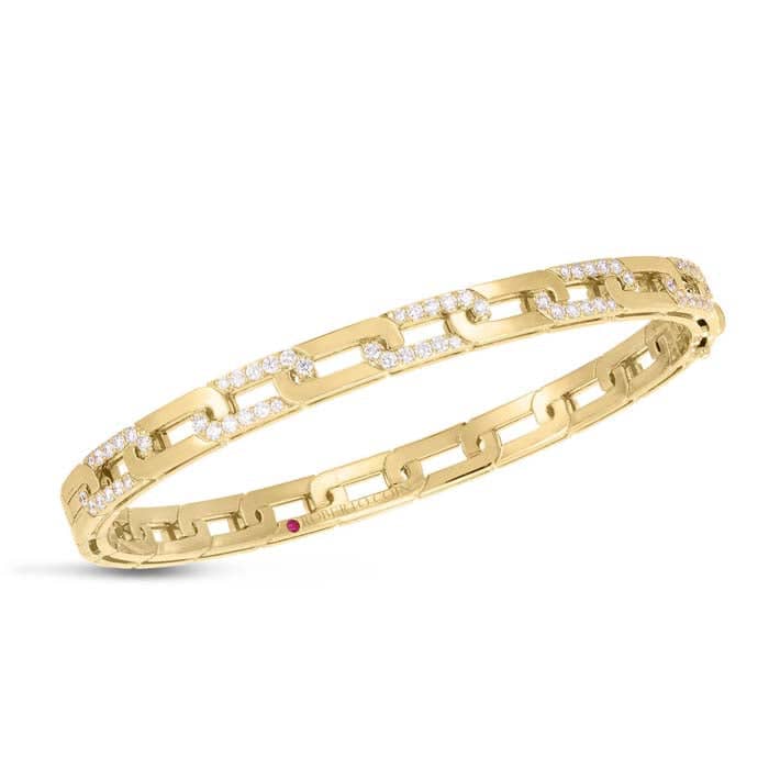 Roberto Coin Navarra Slim Diamond Link Oval Bangle in 18K Yellow Gold