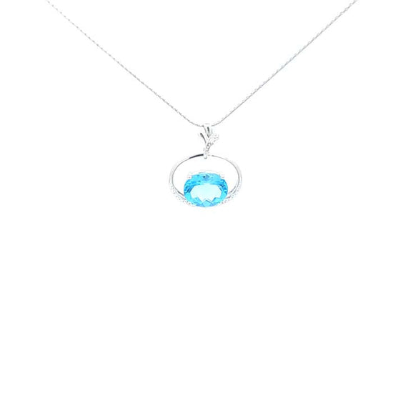 Estate Blue Topaz and Diamond Pendant Necklace in 14K White Gold