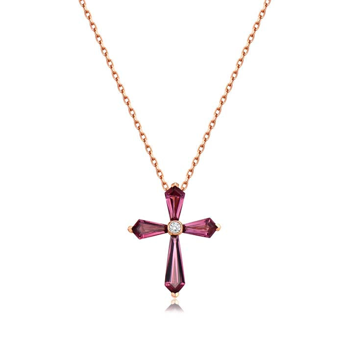 Charles Krypell Rhodolite Garnet and Diamond Cross Pendant Necklace in 18K Yellow Gold