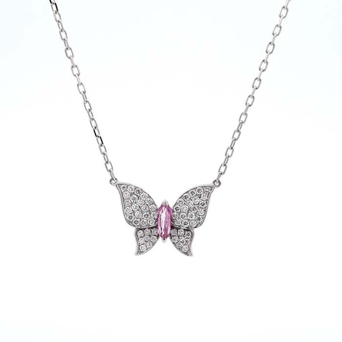 Charles Krypell Diamond and Pink Sapphire Butterfly Pendant in 18K White Gold