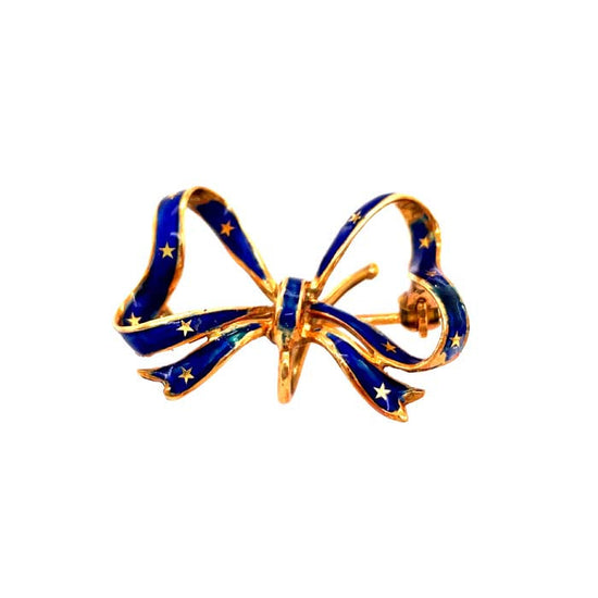 Estate Blue Enamel Bow Pin in 18K Yellow Gold