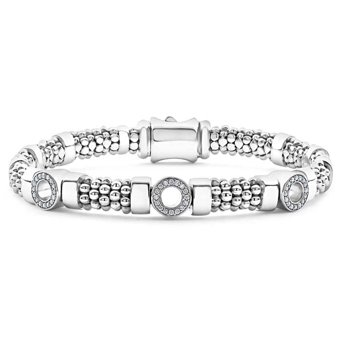 LAGOS Three Station Diamond Circle Caviar Bracelet in Sterling Silver