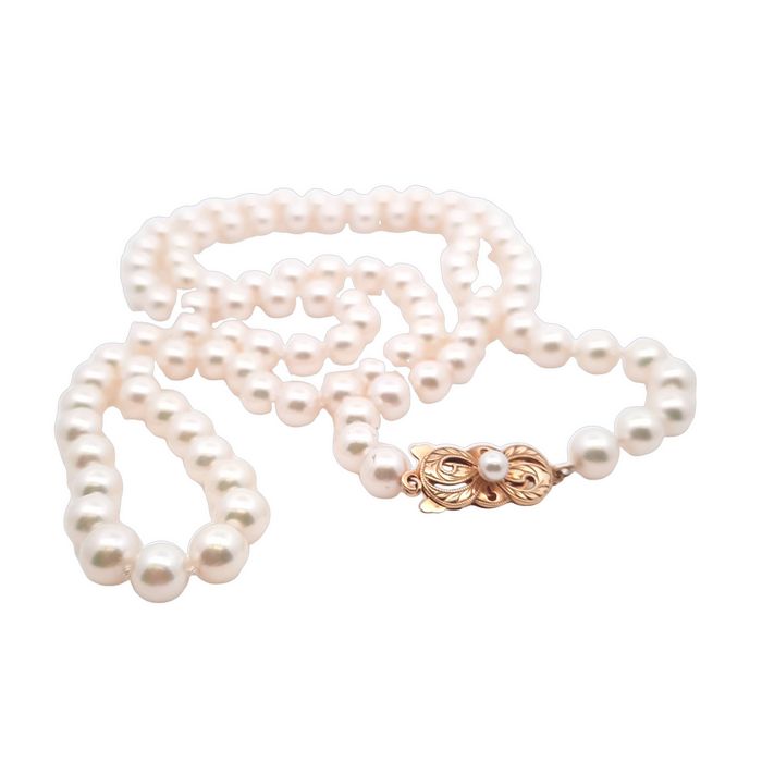 Estate 6-6.5mm 29" Mikimoto White Pearl Necklace with 18K Yellow Gold Bow Clasp