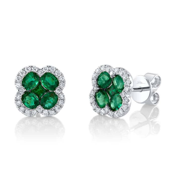 Shy Creation Emerald and Diamond Clover Earrings in 14K White Gold