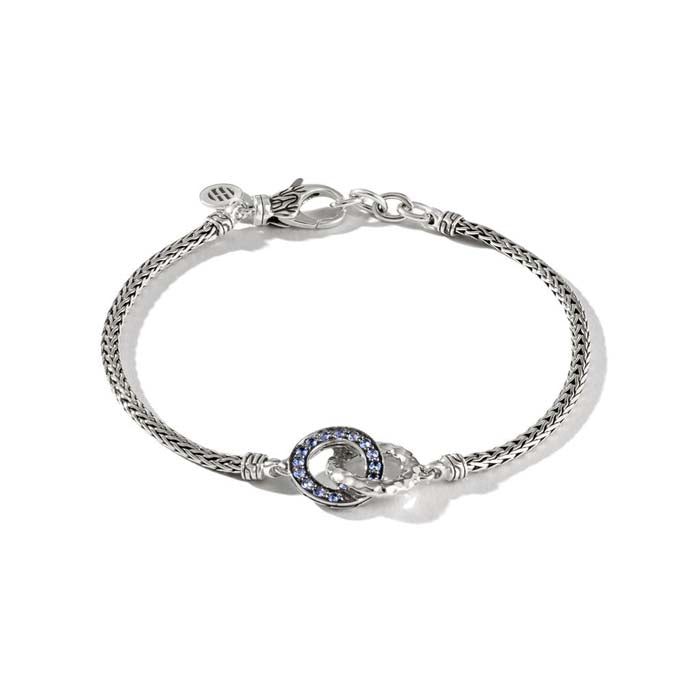 John Hardy Classic Chain Hammered Silver Mini Chain Bracelet with Blue Sapphires in Sterling Silver