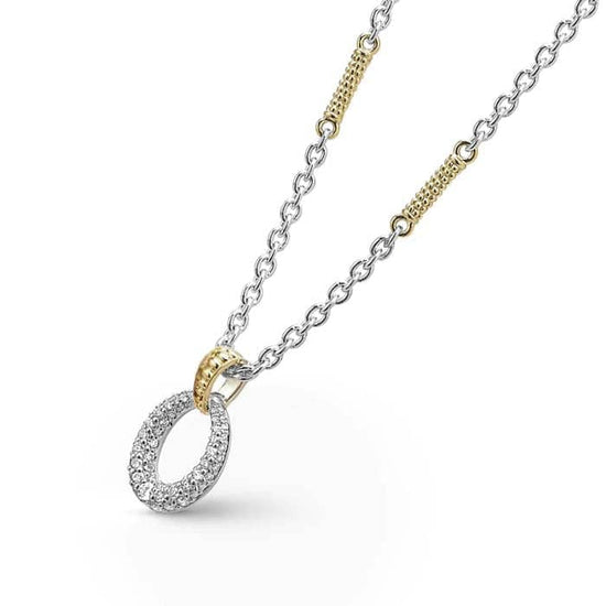 LAGOS Two Tone Oval Diamond Caviar Pendant Necklace in Sterling Silver and 18K Yellow Gold