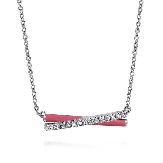 Gabriel White Sapphire and Pink Enamel Crossover Necklace in Sterling Silver