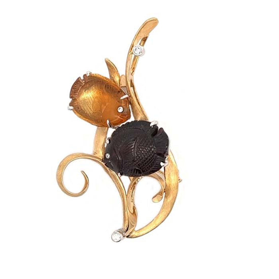Estate Carved Amethyst and Citrine Fish Brooch in 18K Yellow Gold