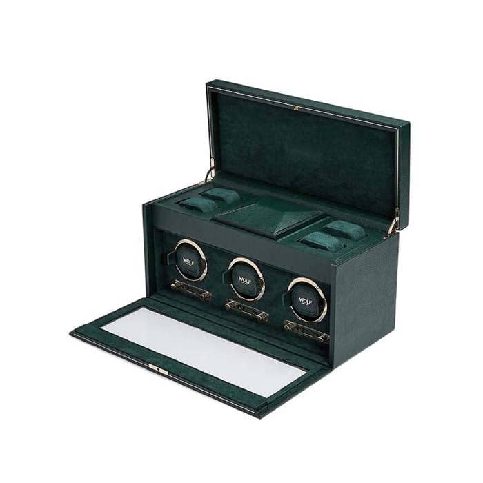 Wolf British Racing Green Triple Watch Winder with Storage