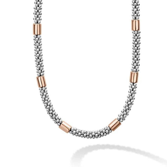 LAGOS 18" High Bar Smooth Station Necklace in Sterling Silver and 18K Rose Gold