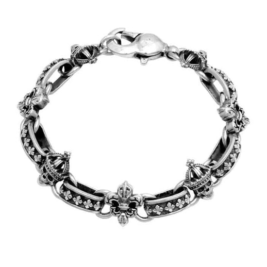 King Baby Skull and Fleur- De- Lis Light Link Bracelet in Sterling Silver