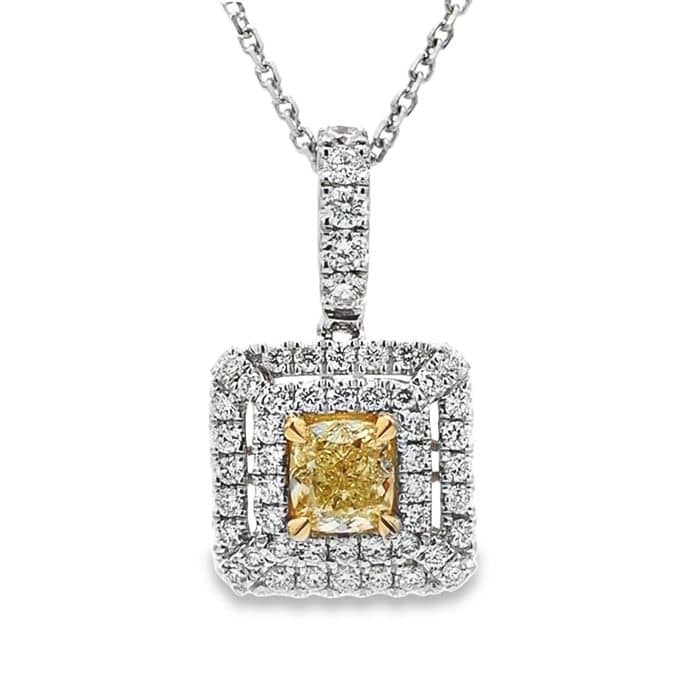 Mountz Collection Yellow Cushion Double Diamond Halo Pendant in 18K White and Yellow Gold