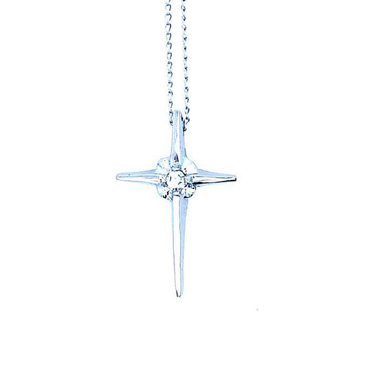 Estate Diamond Cross Pendant Necklace in 14K White Gold