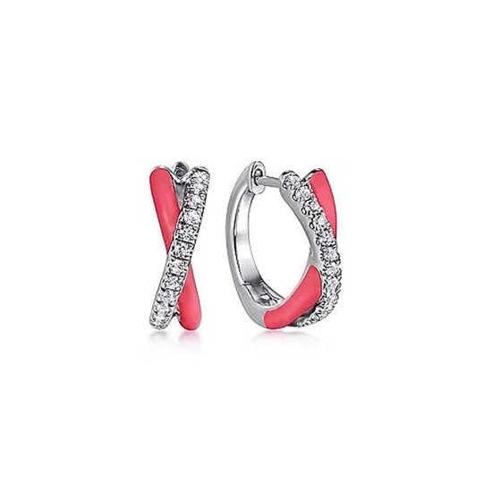 Gabriel White Sapphire and Pink Enamel Crossover Hoop Earrings in Sterling Silver