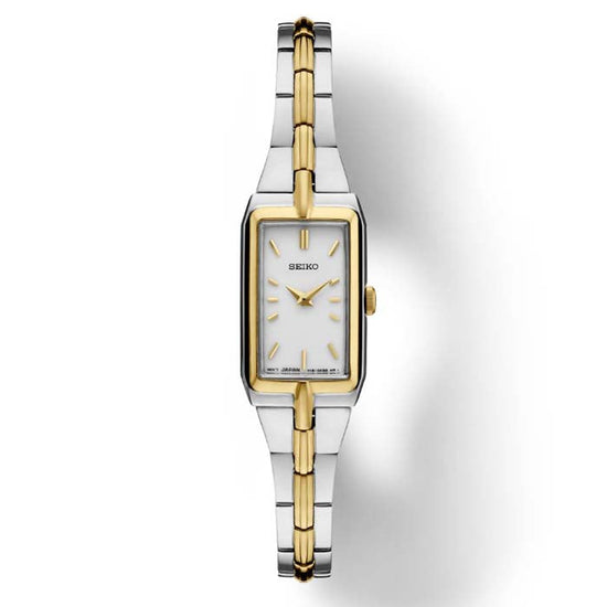 Seiko 15.5MM White Rectangular Dial Watch in Stainless Steel with PVD Gold-Tone