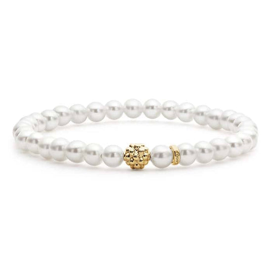 LAGOS Cultured Pearl Caviar Icon Stretch Bracelet with 18K Yellow Gold Caviar Beaded Station Size Medium