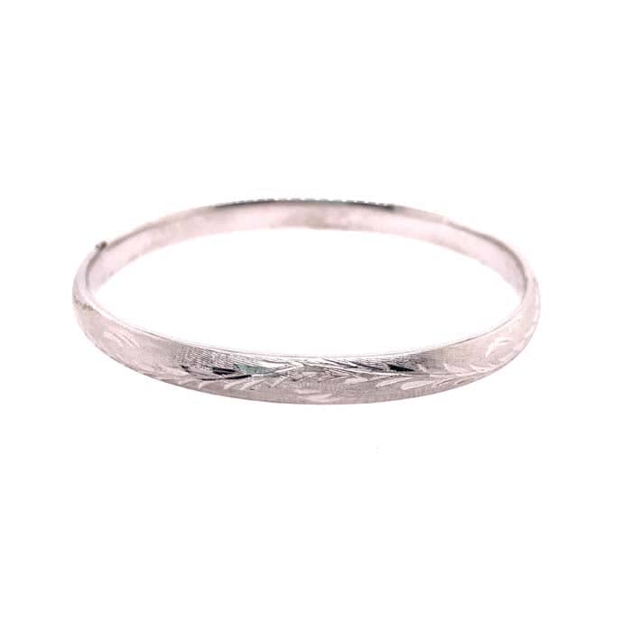 Estate 6MM Engraved Oval Bangle Bracelet in 14K White Gold