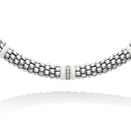 LAGOS White Ceramic Single Diamond Station Caviar Necklace in Sterling Silver