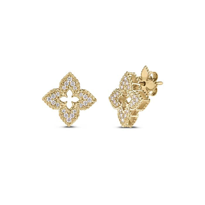 Roberto Coin Venetian Princess Flower Diamond Pavé Stud Earrings in 18K Yellow Gold