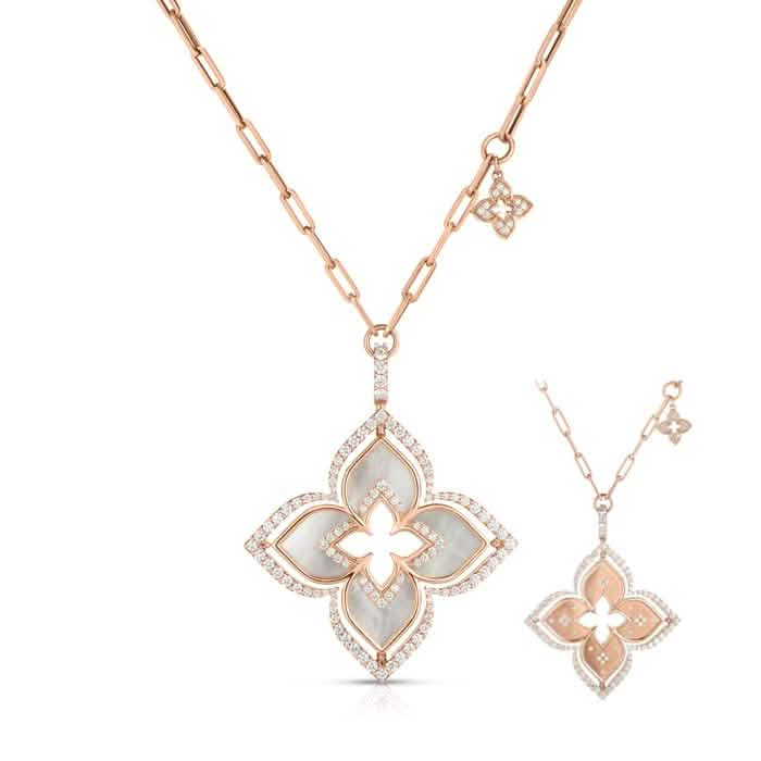 Roberto Coin 1.65CTW Diamond and Mother of Pearl Venetian Princess Pirouette Large Flower Necklace in 18K Rose Gold