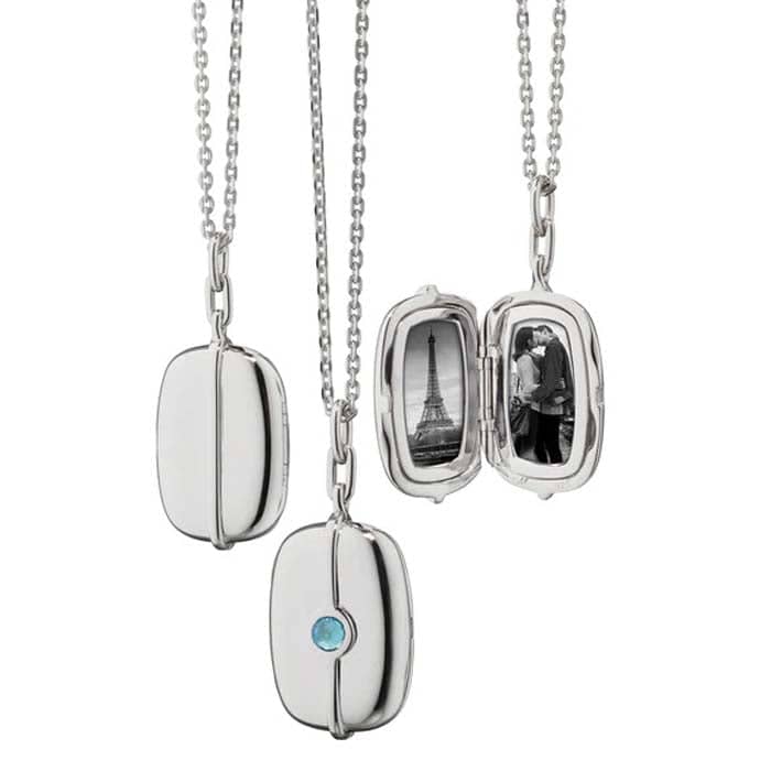 BT Blue Topaz Rectangle Locket Necklace in Sterling Silver - Rectangular Locket w/ 3mm Rose Cut Blue Topaz bezel set in center, 22" 1.1mm Curb Chain w/ Lobster Clasp & jump ring at 20", Locket is 1" x 5/8" and holds 2 photos
