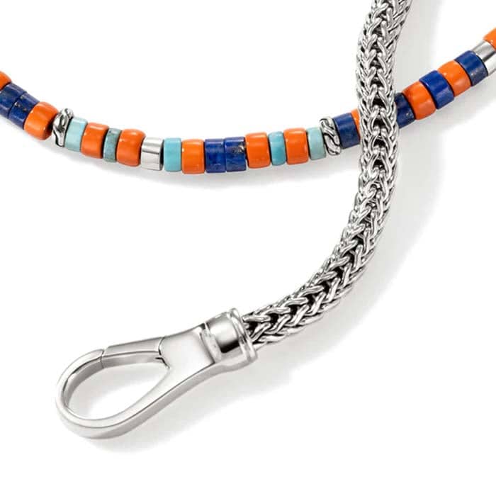 John Hardy 4MM Lapis, Turquoise and Orange Enamel Heishi Chain Bracelet in Sterling Silver