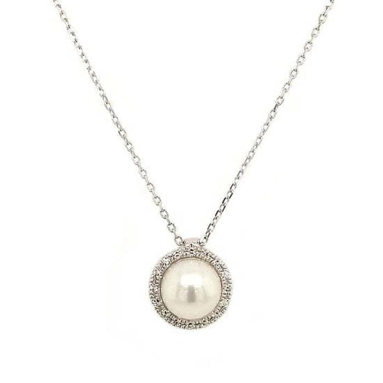 Mountz Collection Cultured Pearl Pendant with Pavé Diamond Halo in 14K White Gold