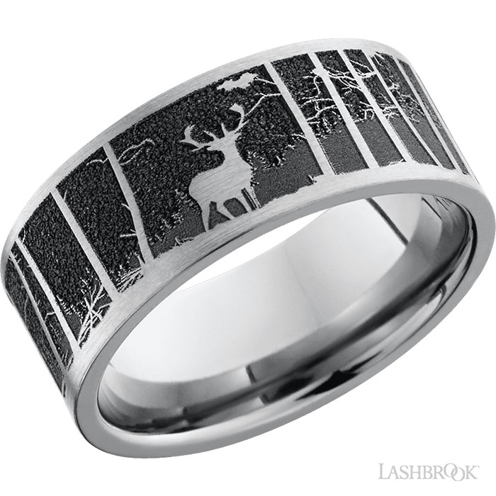 Lashbrook 9mm Titanium Wedding Band with Carved Elk and Mountain Pattern