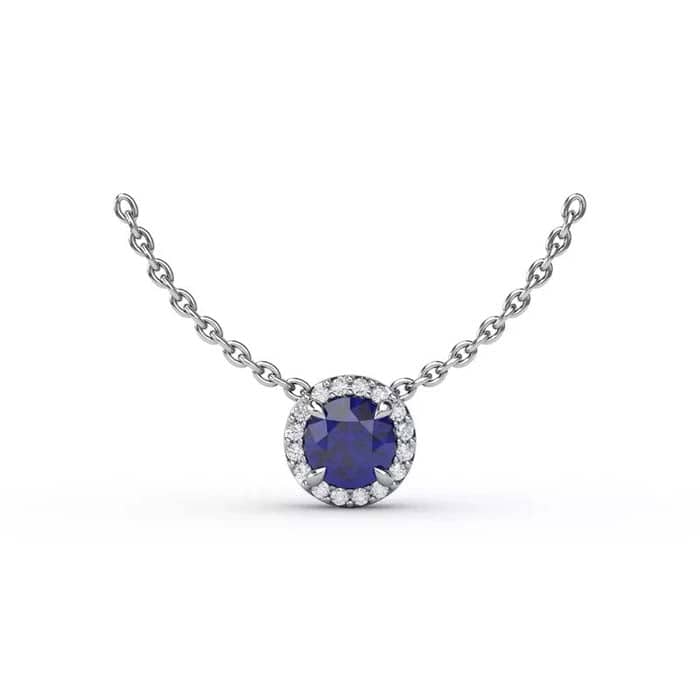 Fana Sapphire and Diamond Halo Pendant Necklace in 14K White Gold